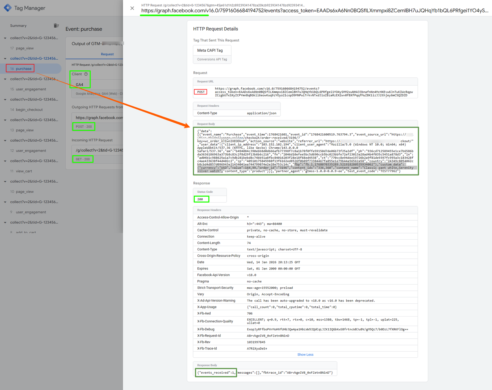 GTM Server container showing HTTP 200 OK status for GA4 server-side requests